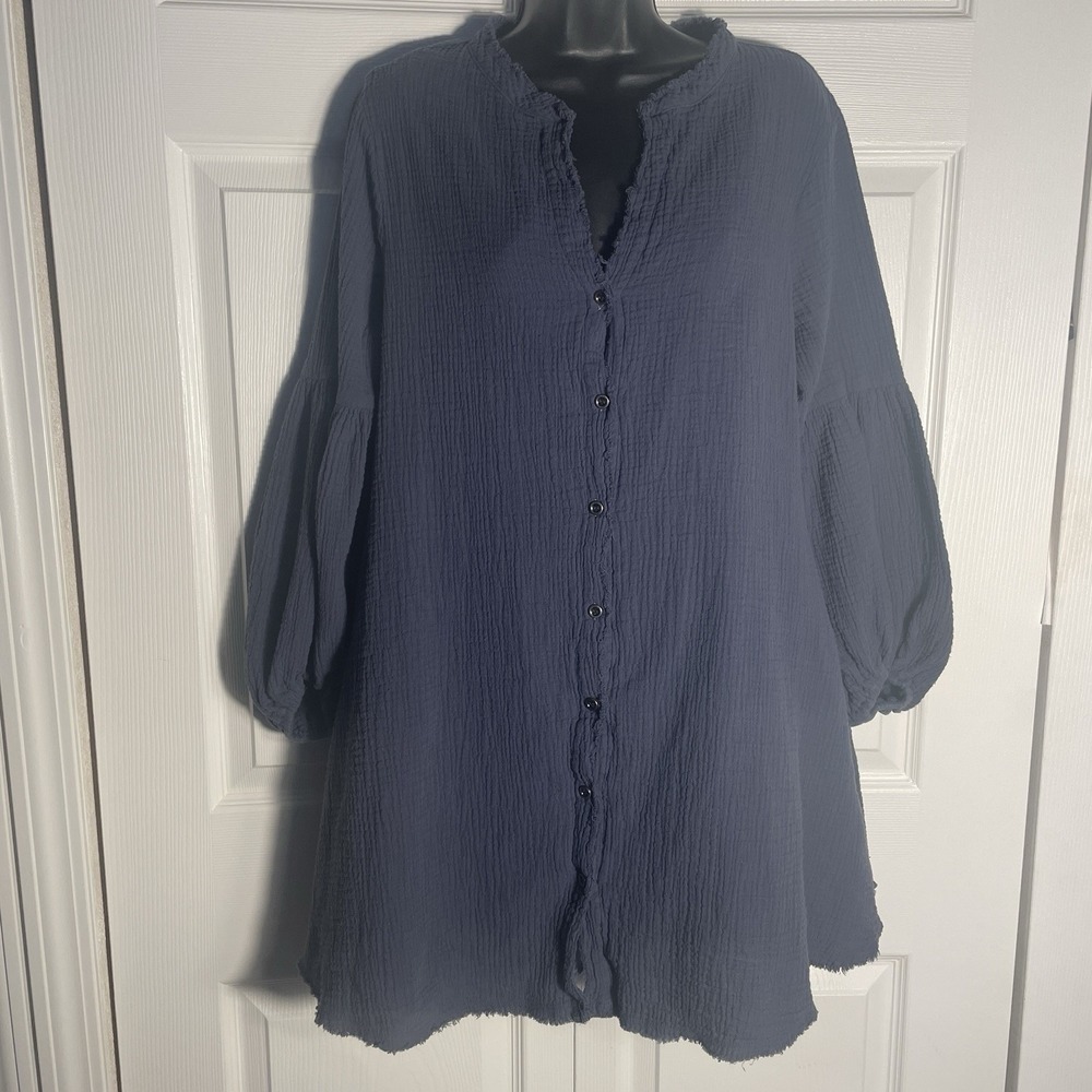 Aakaa Gauze Shirt Dress Women M Blue 100% Cotton Lagenlook Long Sleeve Oversized